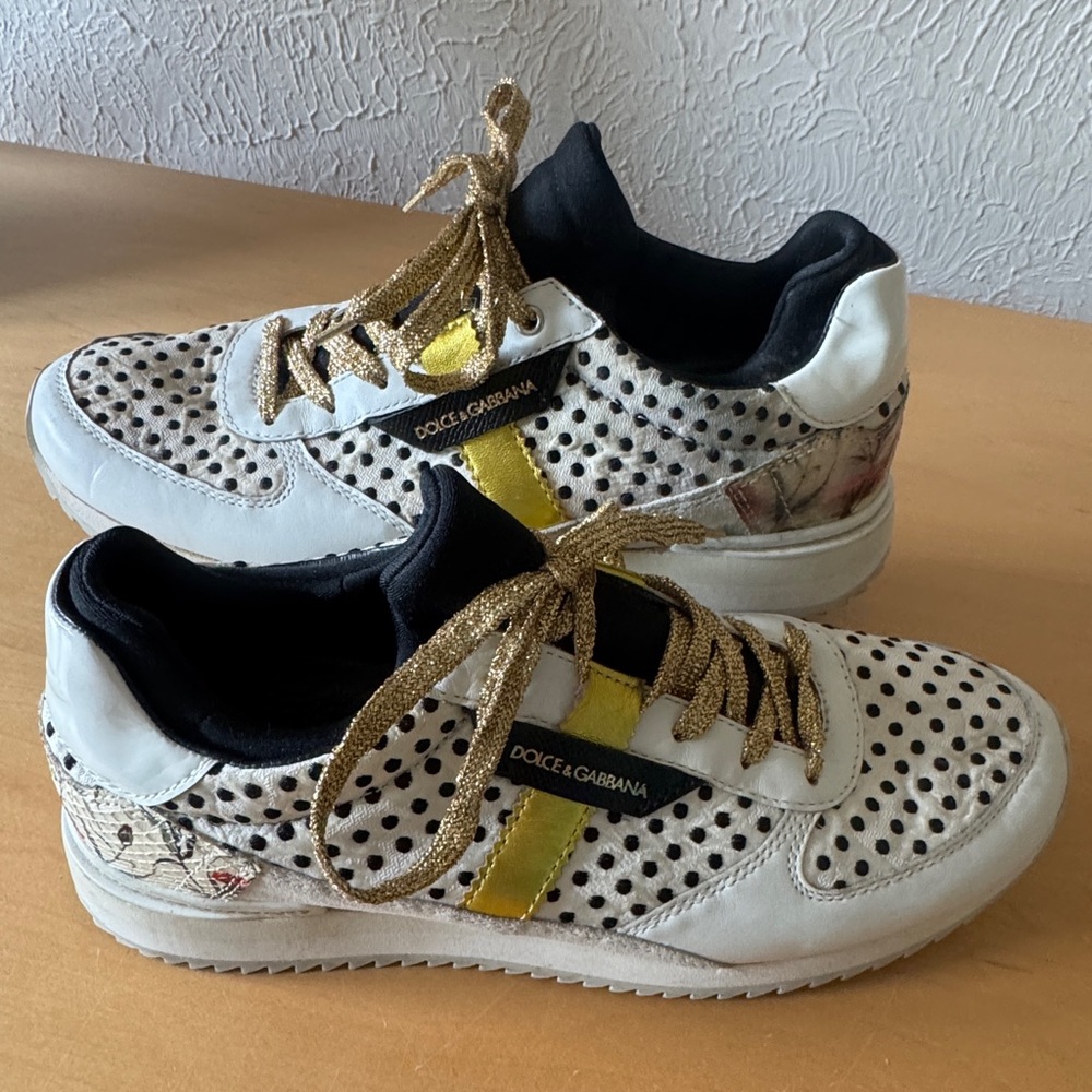 Dolce & Gabbana Black/White Polka Dot Sneakers with Gold Accents Sz 38.5